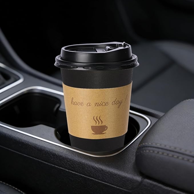 50 Pack 16 oz Disposable Coffee Cups with Lids, Paper Hot Coffee Cups with Sleeve and Straw, To Go Cups for Home, Office, and Party (Black 16oz)