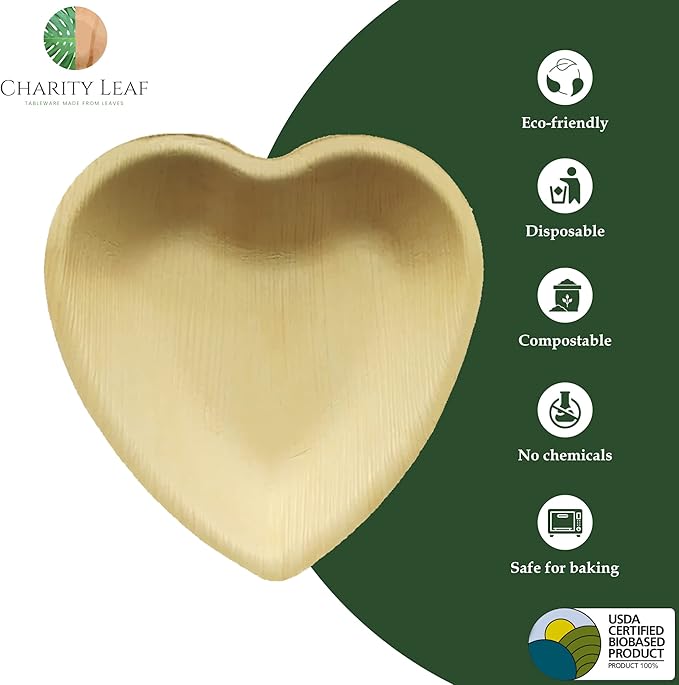 Charity Leaf Disposable Palm Leaf 6" Heart Plates (25 pieces) Bamboo Like Serving Platters, Disposable Boards, Eco-Friendly Dinnerware For Weddings, Catering, Events