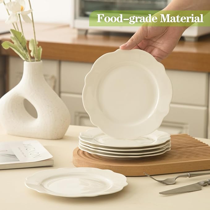 TAMAYKIM 7.5 Inch Porcelain Dessert Plates, Set of 12 - White Lotus Shape with Wavy Rim - Stackable Salad, Bread, Appetizer Serving Dishes, Scratch Resistant, Microwave Oven & Dishwasher Safe