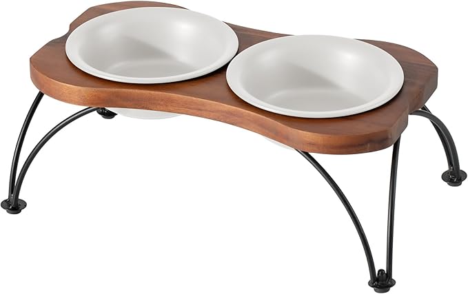 Ceramic 6.3-inch Raised Double-Bowl Set with Non-Slip Stand, 1.5 Cup Food or 15 oz Water Dishes for Small Dogs, Wide Opening with Rounded Edges(Matt White)