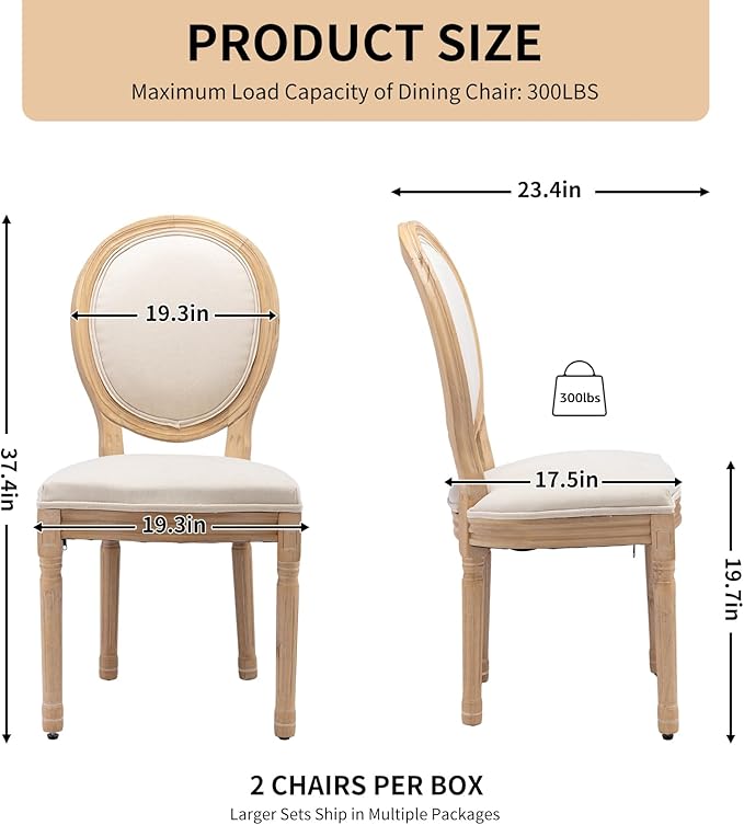 Vintage French Dining Chairs Set of 6, Round Back Accent Chairs with Linen Seat and Solid Wood Frame, Farmhouse Sillas de Comedor Upholstered for Dining Room & Kitchen, Beige