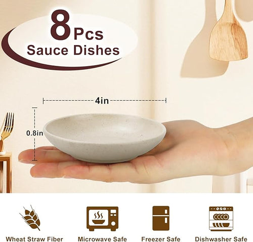 4 Inch Wheat Straw Plates 8 Pieces, Lightweight and Unbreakable Dipping Bowls, Small Soy Sauce Dishes, Small Serving Bowls for Side Dishes, Condiment, Appetizer (Beige)