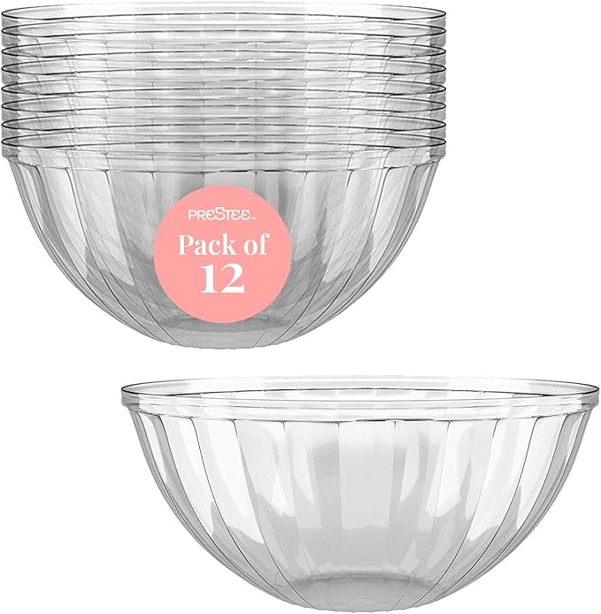 Prestee 12 Pack Clear Plastic Serving Bowls - 53 Oz Round Reusable and Disposable Bowls for Parties and Events - Sturdy and Durable Plastic Bowl for Serving Food, Salads, Snacks, Chips, and Candies