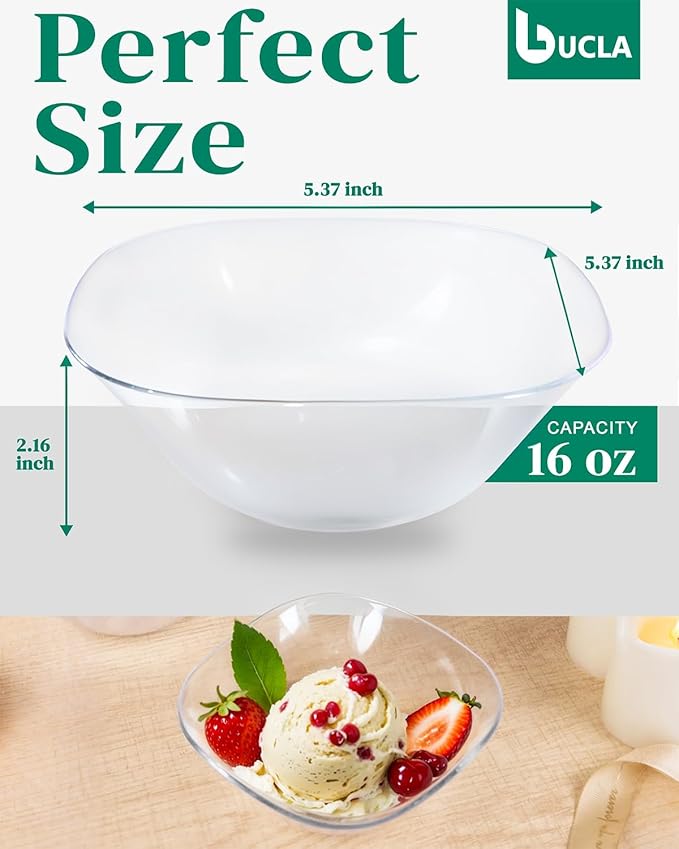 bUCLA 50Pack Clear Plastic Serving Bowls - 16oz Disposable Serving Bowls for Party Dessert/Ice Cream/Salsa/Snack