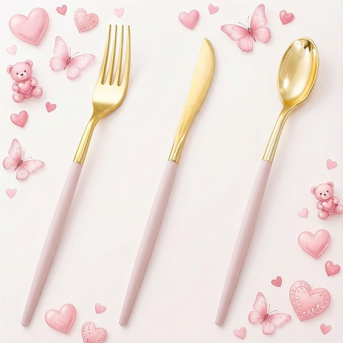 I00000 60 Pack Pink Plastic Silverware,Gold Disposable Flatware with Pink Handle, Gold Plastic Cutlery Set Includes: 20 Forks, 20 Knives and 20 Spoons, Tableware Set for Party and Wedding