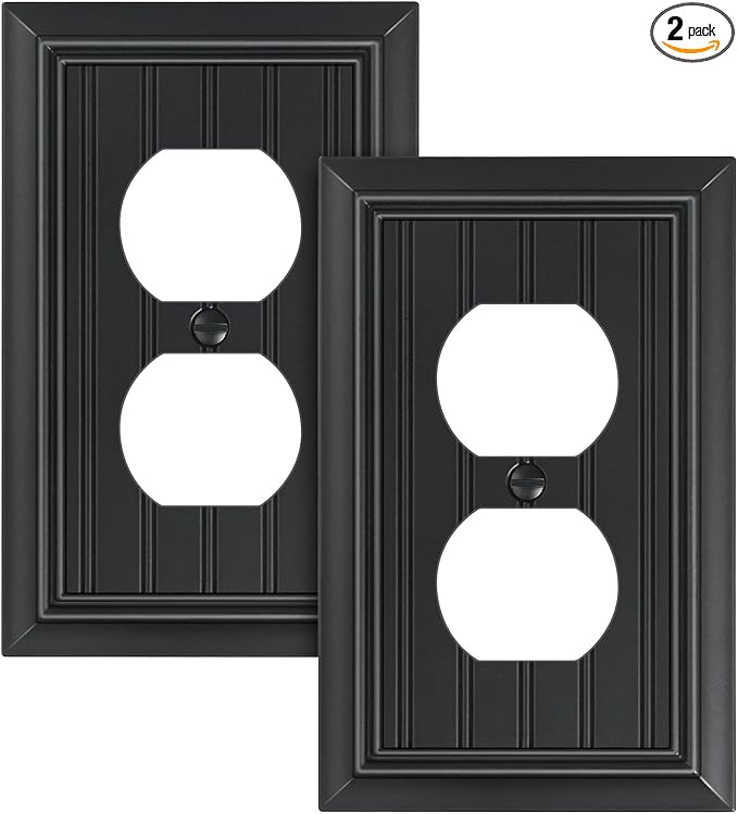 2-Pack Classic Beadboard Duplex Outlet Cover Plate, Decorative Matte Black Switch Plates and Outlet Covers, Natural Bamboo Fiber Wall Plates for Electrical Outlets, 1 Gang Receptacle Cover
