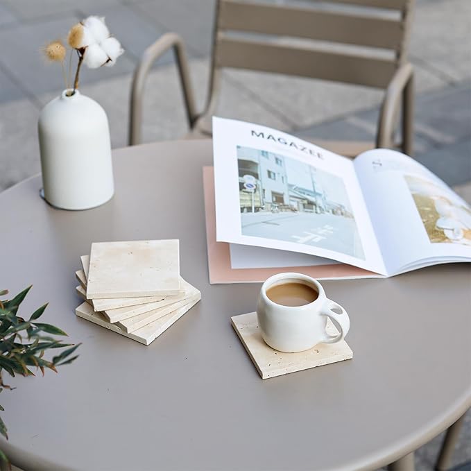 Square Travertine Coasters Set of 6, Porous Natural Stone Absorbent Coaster with Velvet Backing for Table Protection, Rustic Beige Marble Coasters for Home Table Decor, 4 Inches