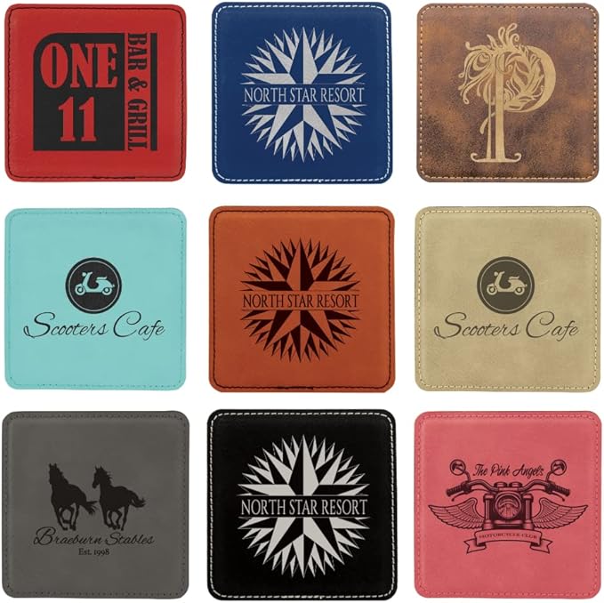 Custom Engraved Coasters | Personalized Leather Coaster | Set of 6 | Drink Coasters with Holder | Laser Engraved | Tabletop Protection | Gift for Couples (Square 4" x 4", Gray w/Black)