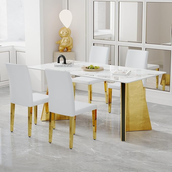 White Dining Chairs Set of 8,Faux Leather with Gold Metal Legs,Armless Kitchen Room Chairs Set of 8,Max Load 300 Lbs,High Back Modern Design for Home Kitchen Living Room Bedroom