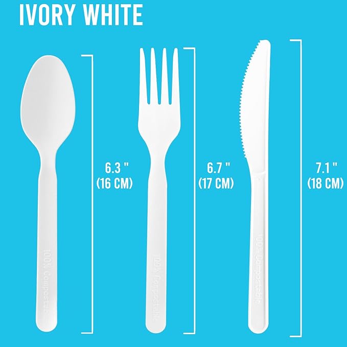 250 Count Compostable Disposable Non Plastic Silverware, Heavy Duty Biodegradable Forks Spoons Knives Cutlery Set, Eco Friendly Recyclable Flatware Utensils for Party Wedding Daily Use
