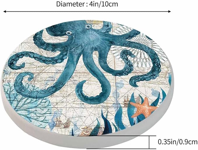Grunge Octopus Drink Coasters Modern Sea Adventure Ocean Map Cool Marine Animal Wildlife Housewarming Presentss for New Home Present for Friends,2 Pcs,4 X 4 X 0.35 Inches