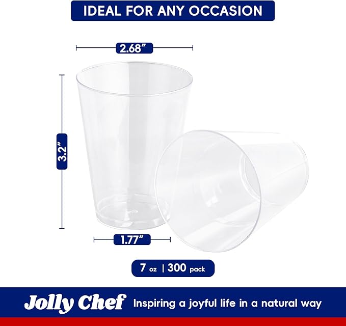 JOLLY CHEF 300 Pack 7 oz Clear Plastic Cups Disposable Cups,7 Ounce Disposable Wine Cups Ideal for Party, Whiskey, Wine Tasting, Perfect for Halloween Christmas