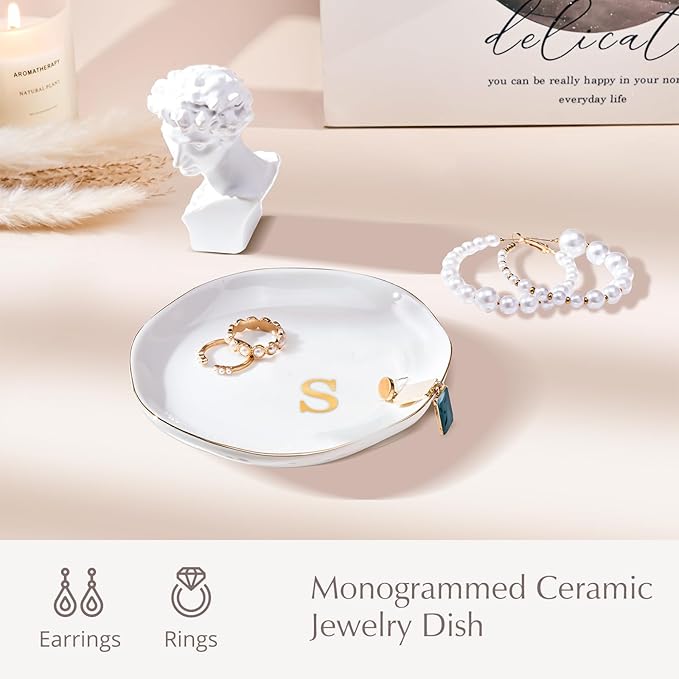 ProCase Ceramic Jewelry Tray, Initial Ring Dish Trinket Plate Engagement Gift, Small Personalized Monogram Ring Bowl for Wedding, White Decorative Jewelry Holder for Women Vanity -Letter S