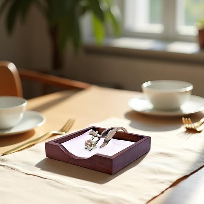 Napkin Holder - Solid Wood Brown Finish Home Decor & Kitchen Decor Table Countertop Serviette & Tissue Holder with Metal Ornament Arm in Rose Gold Finish - Indoor and Outdoor Use - Floral Design