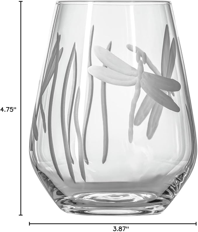 Rolf Glass Dragonfly Stemless Wine Glass 18oz - Tumbler Wine Glasses Set of 2 – Made in the USA - Etched Stemless Wine Glasses -(Set of 2)