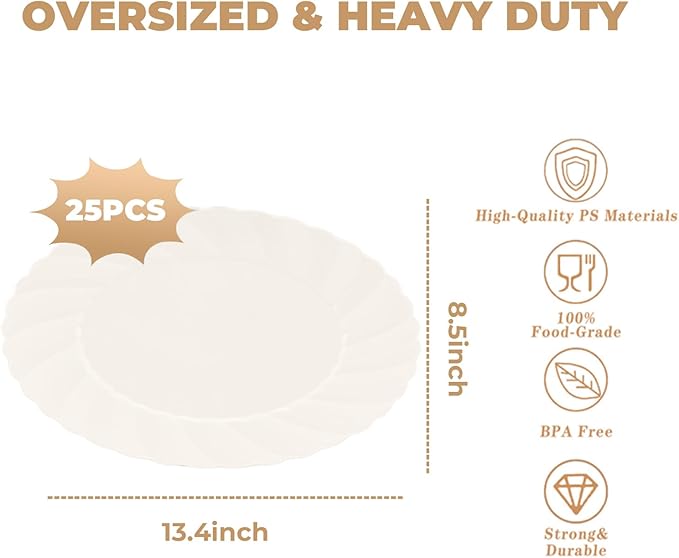 U-QE 25 Count Ivory Christmas Plastic Plates - 13.4 inch Oval Plates Disposable Plates Heavy Duty For Big Eaters, Ivory Disposable Platters Ideal for Christmas, Party, Picnic and Weddings