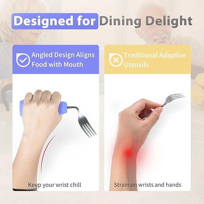 Adaptive Utensils Angled Spoon and Fork for Hand Tremors Parkinsons,Weighted Utensils with Non-Slip Easy Grip Handles for Independent Eating (1pcs Knife+1pcs Fork+1 pcs Spoon,Purple,Left Hand)