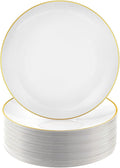 100 PCS Gold and White Plastic Plates, 10 inch White Disposable Plates for Party, Plastic Dinner Plates for Party, Graduation, Birthday, Wedding