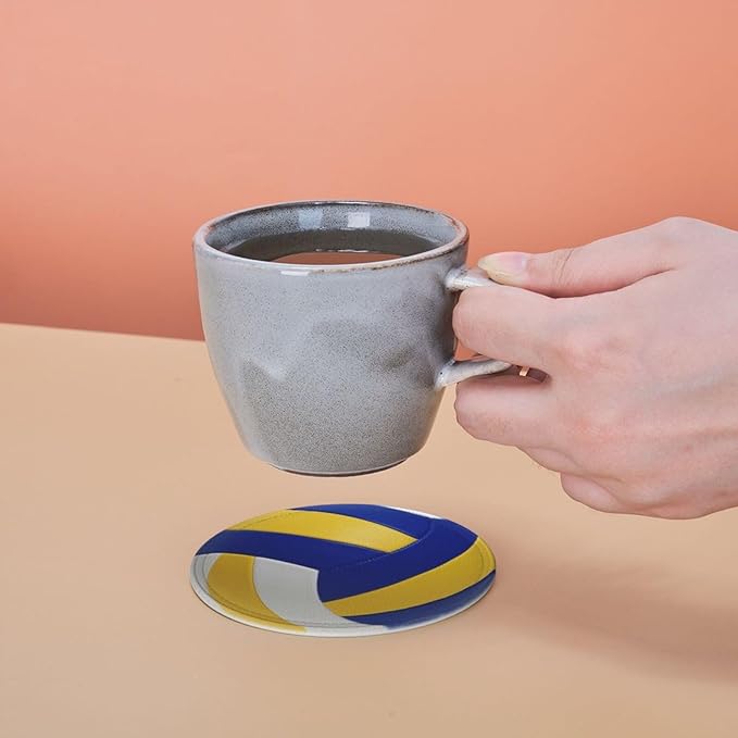 Volleyball Coasters for Drinks with Holder Round Leather Coasters Set of 6 Cups Mugs Mat Pad for Home Kitchen Bar