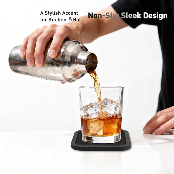 Lexenic Sleek Absorbent Coasters for Drinks with Solid Acacia Wood Holder, Silicone Cup Mat with Removable Felt Insert, Non-Slip, Non-Stick, Gift for Coffee Table Kitchen Decor, 6PCS (Black)