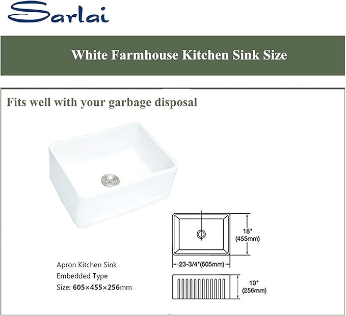 Sarlai White Farm Sink - 24 x 18 Inch Farmhouse Sink White Apron Front Ceramic Porcelain Fireclay Reversible Single Bowl Farm Farmer Sinks Laundry Utility Sinks Basin