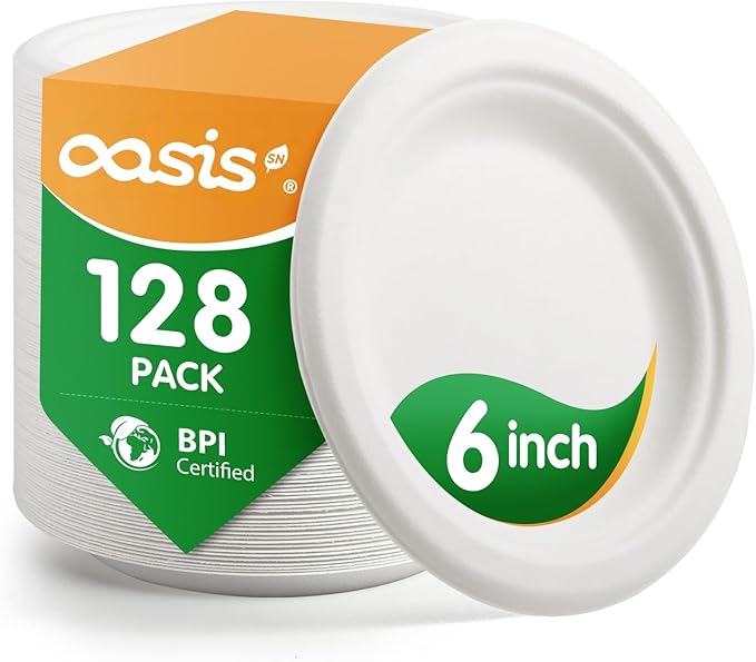 6 Inch 128 Pack Compostable Disposable Paper Plates, Small Dessert Plates, Heavy Duty Sugarcane Bagasse, Biodegradable Eco-Friendly, Perfect for Kids Meals & Parties, White