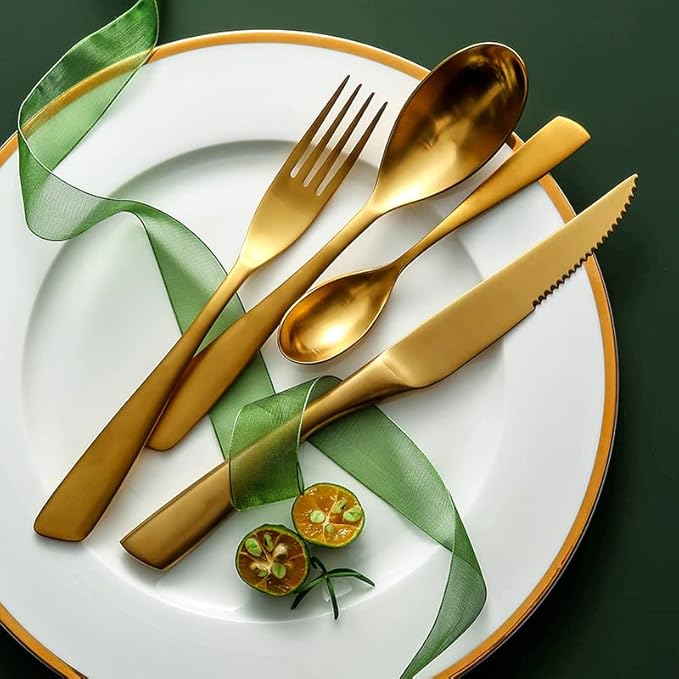 8 Piece Gold Silverware Set for 2,Modern Unique 18/10 Stainless Steel Flatware Cutlery Set, Eating Tableware Set,Vintage Luxury Style Cutlery Set for Home Restaurant Wedding Party