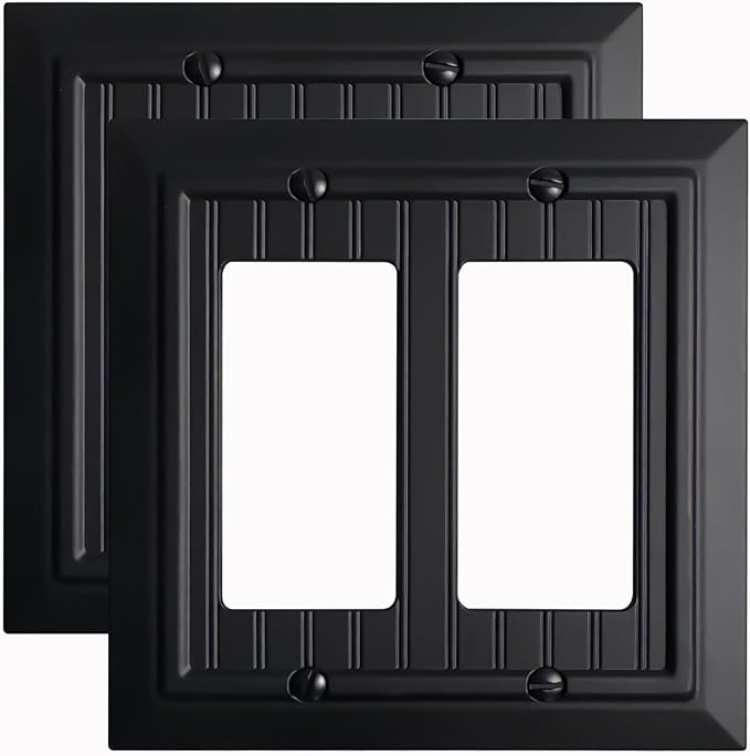 Beadboard Outlet Covers Wall Plates, Bamboo Fiber Light Switch Covers, Natural Material Electric Receptacle Decorative Switch Plate Outlet Cover Matte Black (2 Gang Decorator 2 Pack)