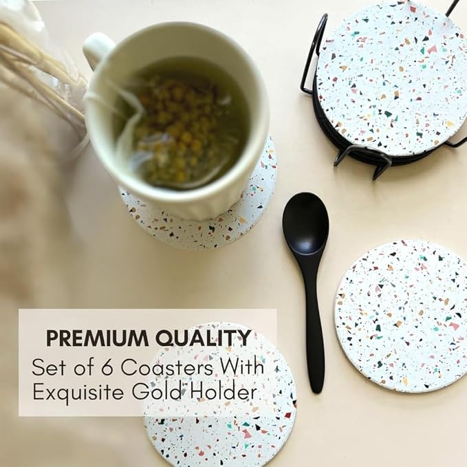 Terrazzo Coasters Set of 6, Ceramic Absorbent Drink Coasters, Cute Moisture Absorbing Coaster, Coffee Table Desk Decor, Colorful Stone Coaster for Drinks (Confetti with Black Holder)