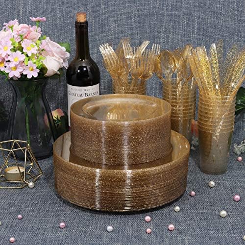 WELLIFE 300PCS Gold Glitter Plastic Plates, Gold Plastic Dinnerware Includes: 50 Dinner and 50 Dessert Plates, 150 Cutlery, 50 Cups for Party - Image 3