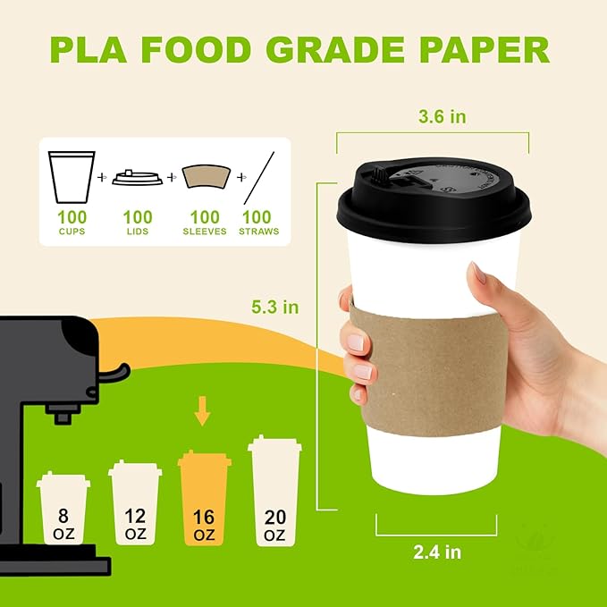 100 Pack 16 oz Disposable Coffee Cups with Lids and Sleeves, To Go Coffee Cups with Lids, Leak-Proof Hot Coffee Cups, PLA White Paper Coffee Cups for Hot Beverage