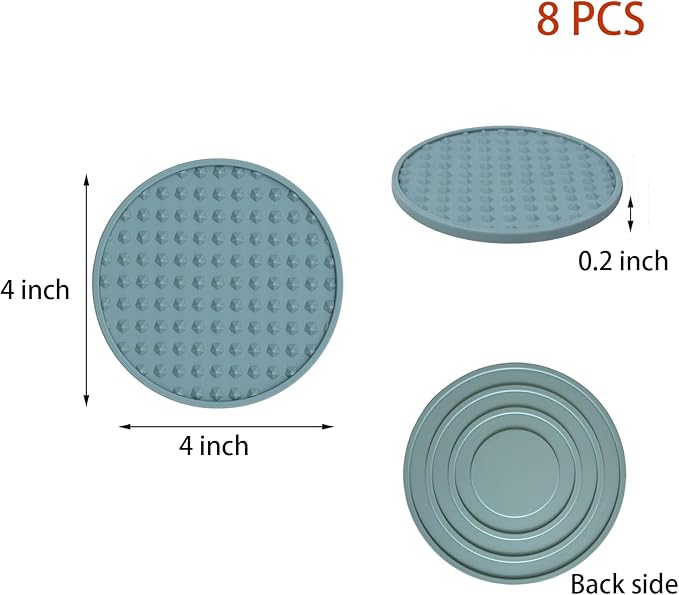 Set of 8 Silicone Coasters, 4'' Drink Coaster with Holder, Round Coasters for Drinks Beer Coffee Home Office Bar Desk Tabletop Protection, Non-Slip Rubber Coaster (Blue, 8 Pcs-Metal Holder)