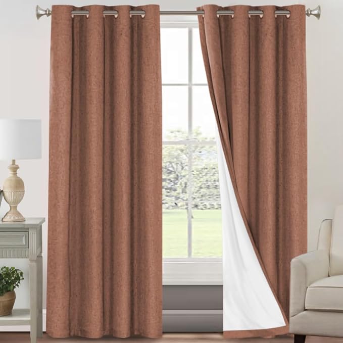 PrinceDeco Linen 100% Blackout Curtains 84 Inches Length 2 Panels Set Grommet Linen Textured Curtains for Bedroom Soundproof Window Treatment Drapes with White Liner, 42" Wide Per Panel, Washed Spice