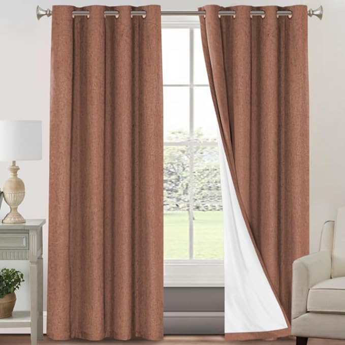 PrinceDeco Blackout Curtains for Bedroom 100% Absolutely Blackout Linen Look Curtain Draperies Anti-Rust Grommet, Thermal Insulated with White Liner, 2 Panels Set,52" W x 84" L,Washed Spice