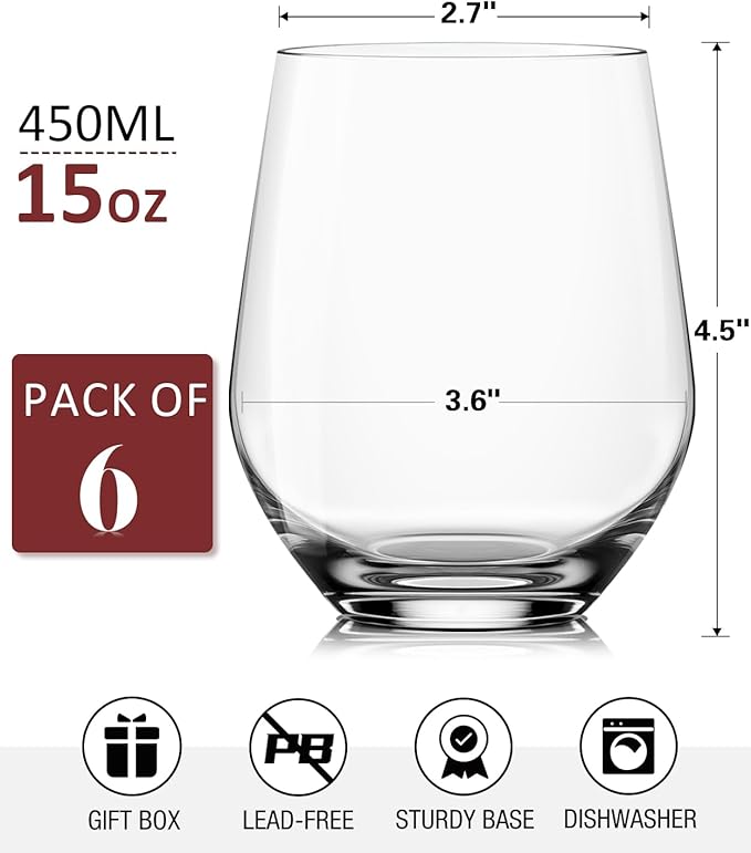 OJA Stemless Wine Glasses Set of 6, 15oz Premium Crystal Red White Wine Glasses, No Stem, Clear,Sturdy Drinking Glass for Daily Use, Birthday, Wedding, Home Party, Anniversary, Shower Gift