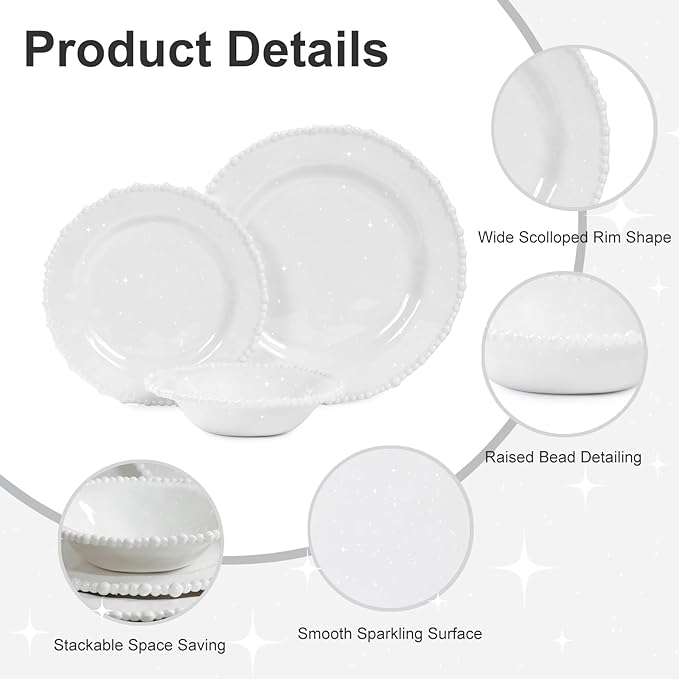 White Pearl Melamine Dinnerware Set, 12-Piece Plastic Dinner Dishes Set, Service for 4 Unbreakable Kitchen Plates and Bowls Set