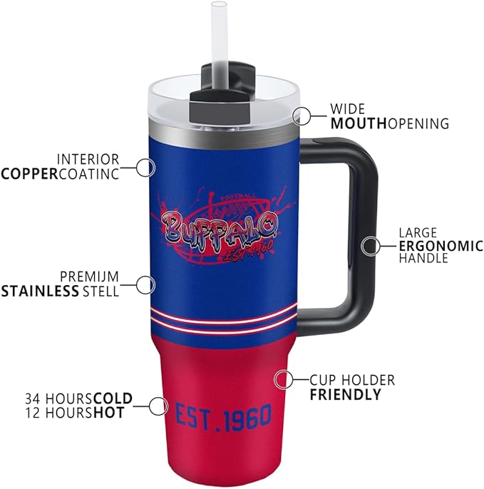 Buffalo 30 oz Tumbler with Handle and Straw,Car cup,Coffee Mug,100% Leakproof Insulated Tumbler with Lid and Straw,Made of Stainless Steel,Cup Holder Friendly Base,Classic Collection Gifts for Fans