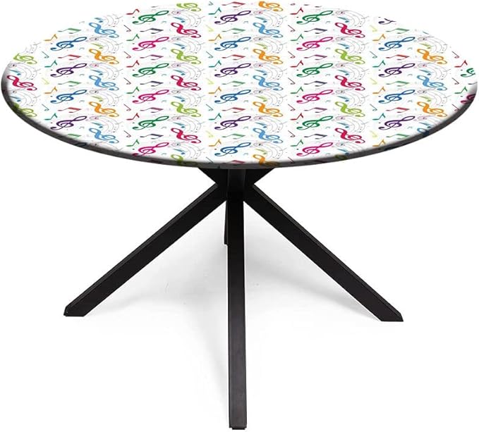 Elastic Tablecloth, Music Decor Decorative Fabric Table Cover for, Notes on Circle Shape Geometric Background Carnival, Fit Round Tables 48inch Diameter, for Dining Room/Party/Banquet Decoration