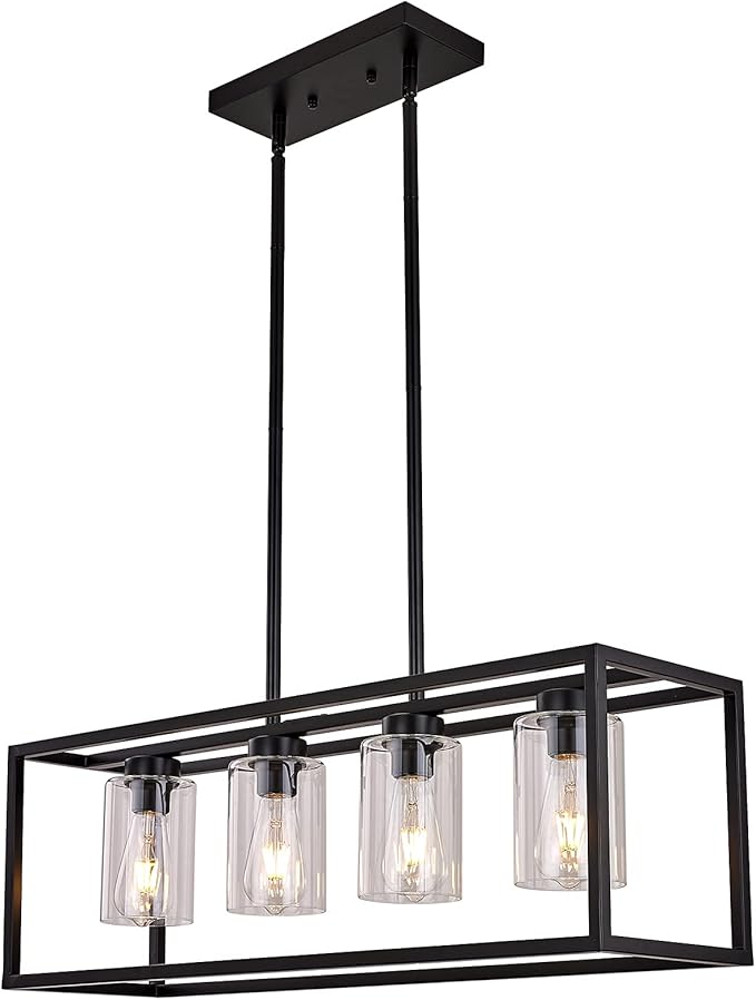 XILICON Black Dining Room Chandeliers Lighting Fixture Linear Pendant Modern 4-Light with Glass Shades Vintage Farmhouse Ceiling Light Hanging for Kitchen Island Cafe Bar