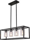 XILICON Black Dining Room Chandeliers Lighting Fixture Linear Pendant Modern 4-Light with Glass Shades Vintage Farmhouse Ceiling Light Hanging for Kitchen Island Cafe Bar