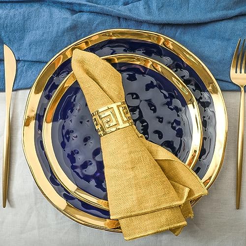 Stone Lain Porcelain 16 Piece Dinnerware Set, Service for 4, Blue and Golden Rim, Dark Blue - Image 5