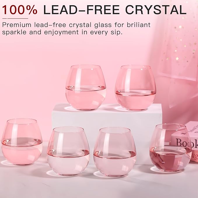 Pink Wine Glasses Set of 6-15oz -Colored Stemless Hand-Blown Wine Glasses, European Design Crystal Glass For Red & White Wine, Unique Gifts for Wedding, Birthday,Valentine's Day