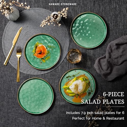 HaWare Stoneware Plates Set of 6, 7.9" Salad Plates, Reactive Glaze Ripple Ceramic Dish Set for Appetizer, Dessert, Scratch Resistant, Small Dinner Plate, Microwave and Dishwasher Safe, Reactive Green - Image 5