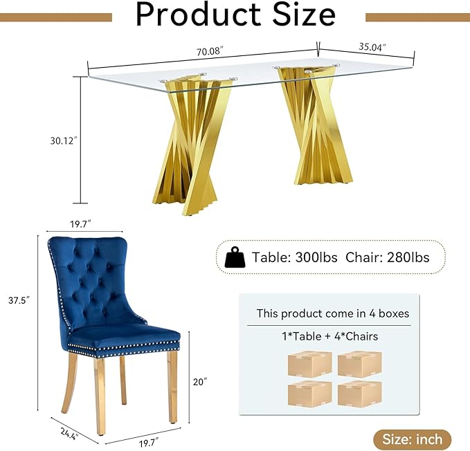 5 Piece Glass Dining Table Set,70" Dinner Room Glass Table Set for 4,Modern Kitchen Dinner Table Set with Stainless Steel Base and 4 Upholstered Velvet Dining Chairs for Living Dining Room