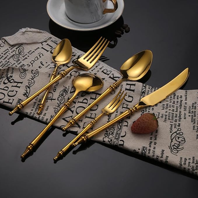 Gold Silverware Set for 6 Premium 18/10 Stainless Steel Flatware Set 24 Piece Include Knives Forks and Spoons Cutlery Utensils Light Luxury Vintage Style for Home Kitchen Christmas Restaurant