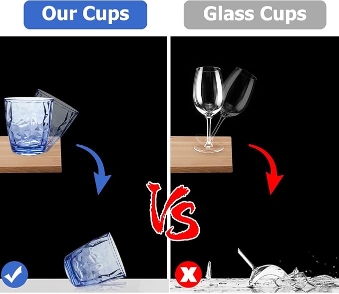 Topsky 10 oz Plastic Water Tumblers | Set of 4 Transparent Unbreakable Drinking Glasses Clear Acrylic Reusable Juice Wine Cups for Home Picnic Party, Dishwasher Safe, Stackable (Blue)