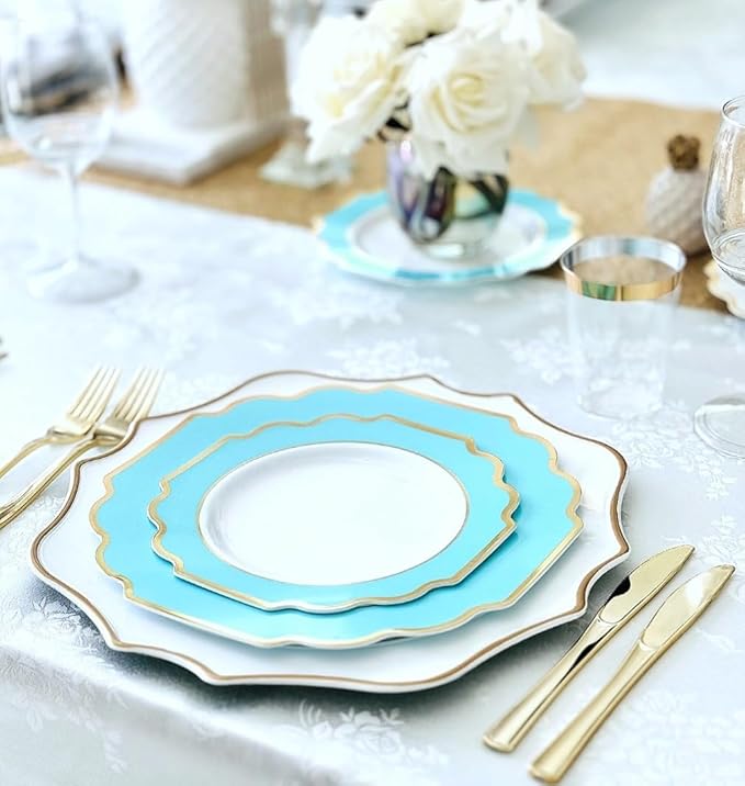 " OCCASIONS " 80 Plates Pack,(40 Guests) Heavyweight Wedding Party Disposable Plastic Plates -40 x 10.5'' Dinner + 40 x 8'' Salad/Dessert Plate (Imperial Aqua/Gold))