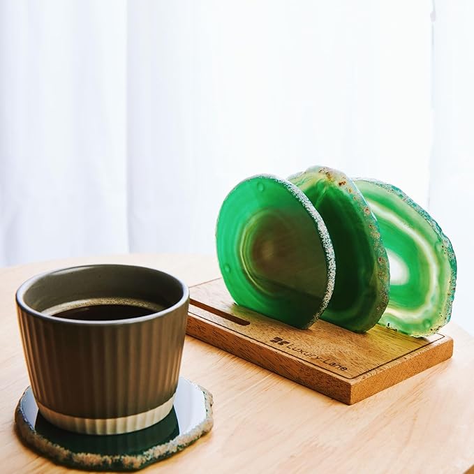 Luxury Lane Set of 4 Large Natural Brazilian Agate Slice Geode Rock Stone Drink Coasters with Wood Holder 4.3-4.7 inch Centerpiece Table Decoration, Emerald Green