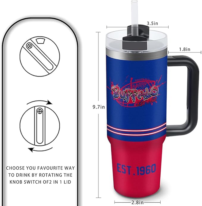 Buffalo 30 oz Tumbler with Handle and Straw,Car cup,Coffee Mug,100% Leakproof Insulated Tumbler with Lid and Straw,Made of Stainless Steel,Cup Holder Friendly Base,Classic Collection Gifts for Fans