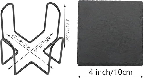 12 Pack Slate Drink Coasters with Metal Holder, VIBRATITE 4 Inch Black Slate Stone Coasters Bulk Laser Engraving Blanks with Anti-Scratch Bottom for Drink Coffee Bar Kitchen Home Decor, Square